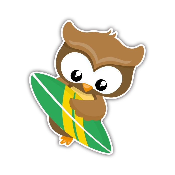 Owl With Surfboard - Iron On - Custom Size