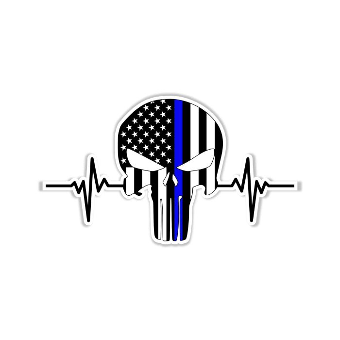 Punisher American Flag Blue Line Heartbeat - Full Color Vinyl Decal - custom size