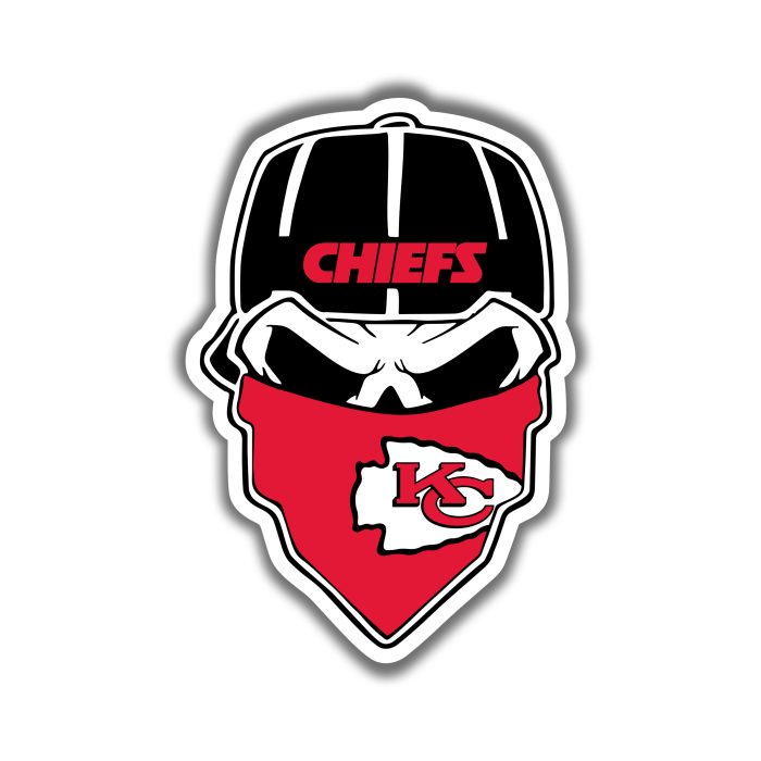 Kansas City Chiefs - Skull with Bandana -Full Color Vinyl Sticker – Custom Size