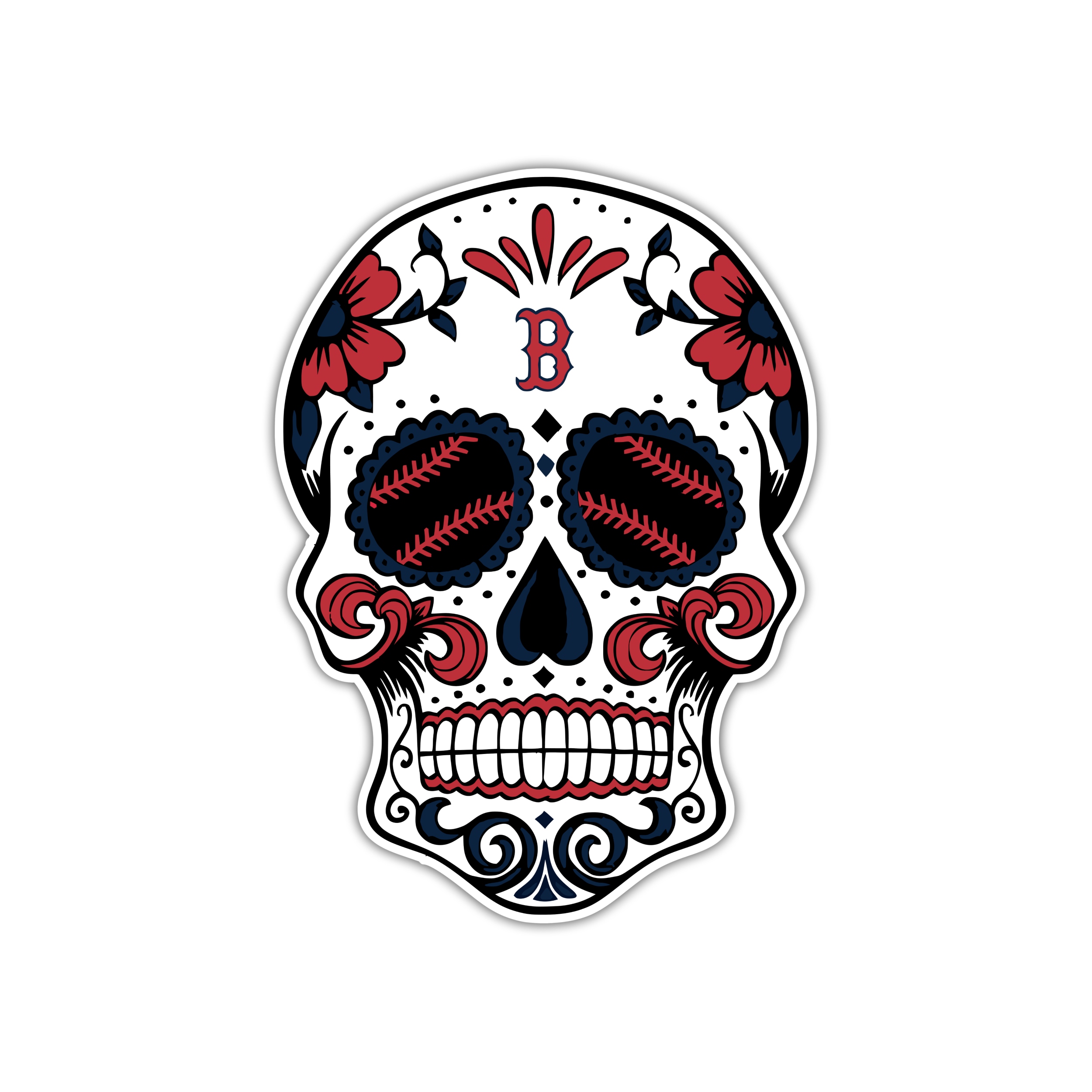 Boston Red Sox - Sugar Skull With Baseball Eyes - Full Color Vinyl Sticker - Custom Size