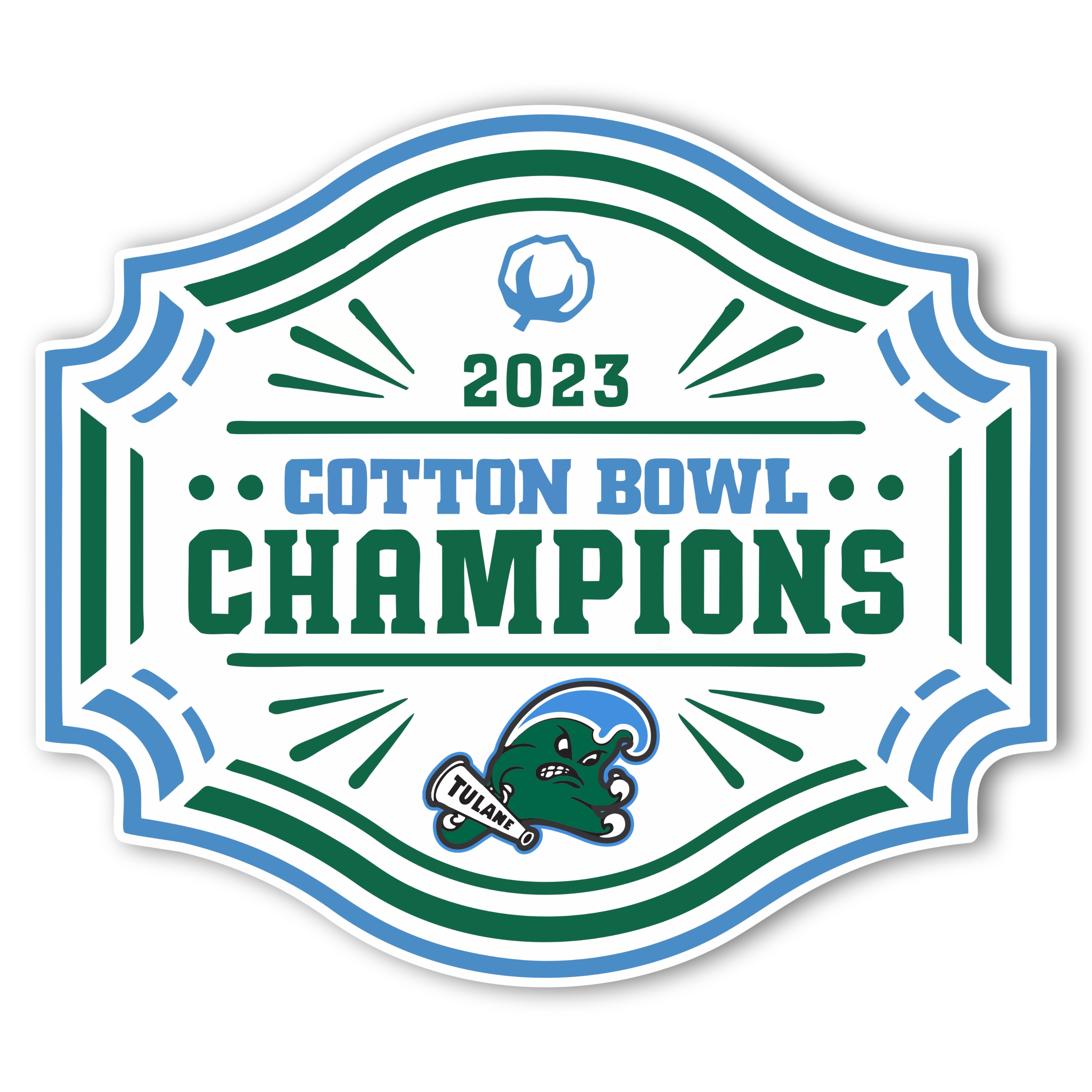 Tulane Green Wave - 2023 Cotton Bowl Champions - Full Color Vinyl Sticker - Custom Size
