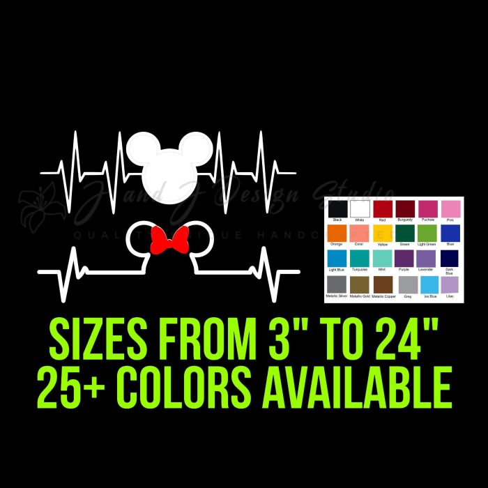 Mickey or Minnie Mouse Heartbeat Vinyl Decal - Custom Size