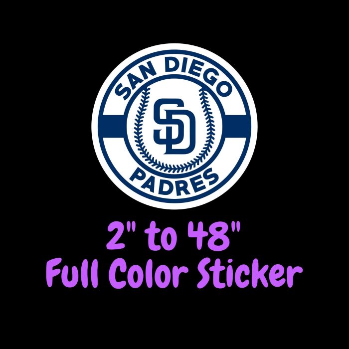San Diego Padres - White Circle With Baseball - Full Color Vinyl Sticker - Custom Size