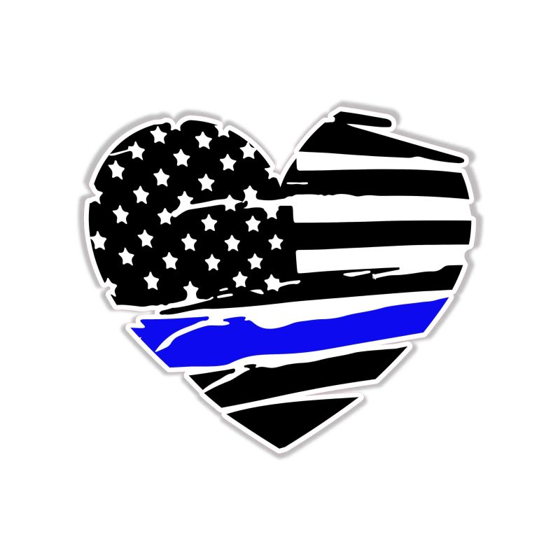 Distressed Blue Line American Flag Heart - Full Color Vinyl Decal - custom size