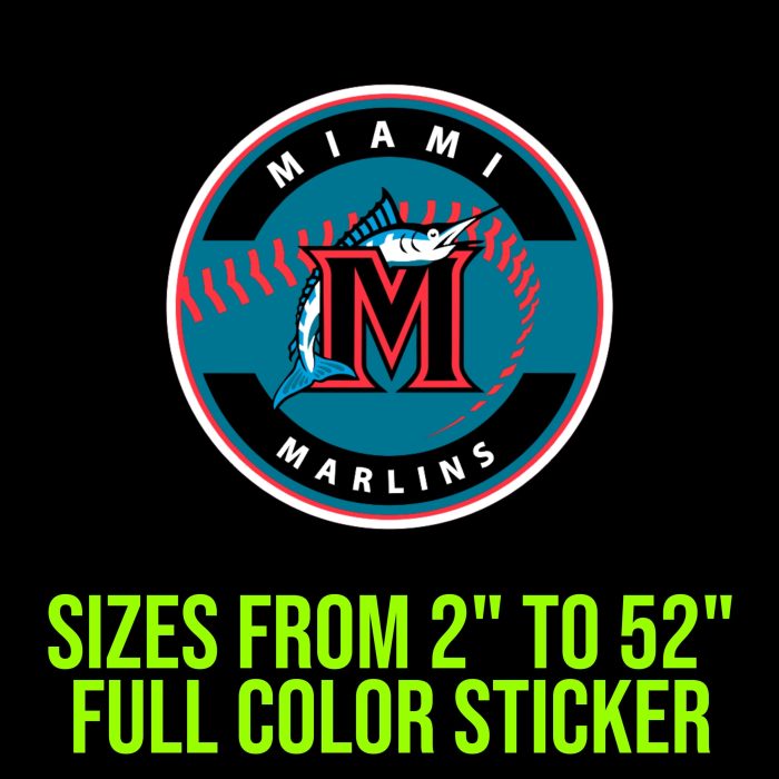 Miami Marlins - Circle With Baseball - Full Color Vinyl Sticker - Custom Size