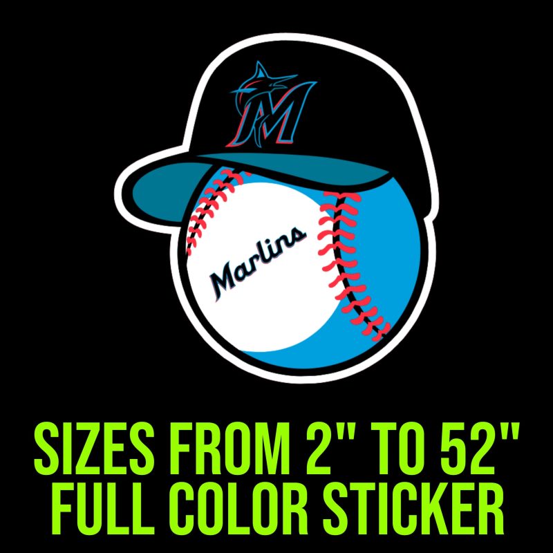 Miami Marlins - Baseball With Hat - Full Color Vinyl Sticker - Custom Size