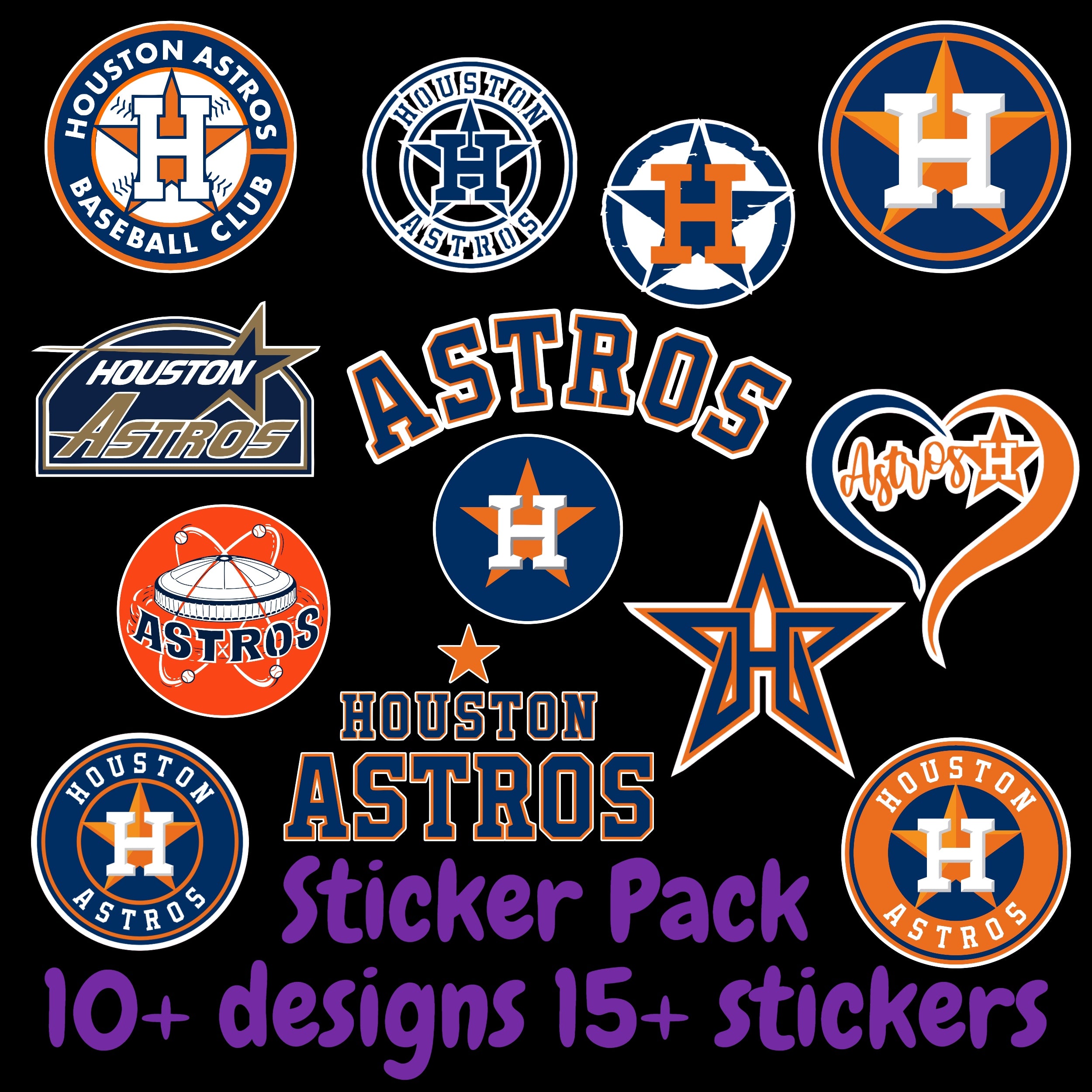 Houston Astros Sticker Pack; Hydroflask decal ; Laptop Decal ; Yeti Decal;  Cell phone Decal;  Vinyl Car Decal- Custom Size