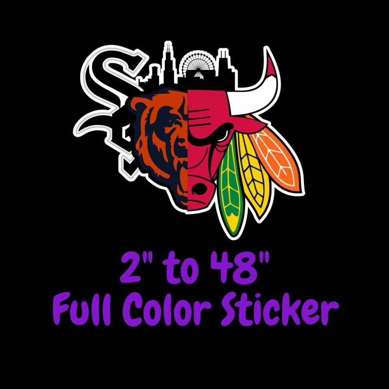 Chicago Sports Teams Mashup With Skyline Full Color Vinyl Sticker - Custom Size