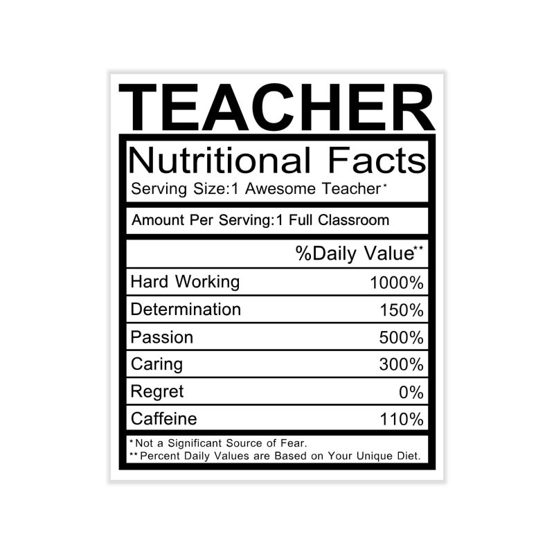 Teacher Nutritional Facts Full Color Vinyl Decal - Custom Size