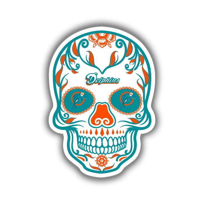 Miami Dolphins - Sugar Skull - Full Color Vinyl Sticker - Custom Size