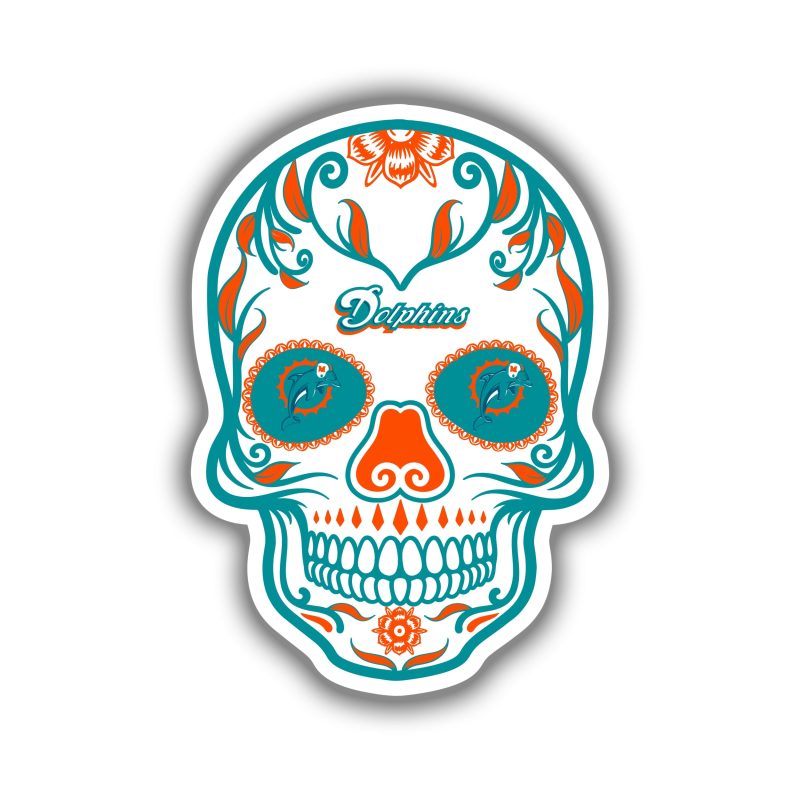Miami Dolphins - Sugar Skull - Full Color Vinyl Sticker - Custom Size