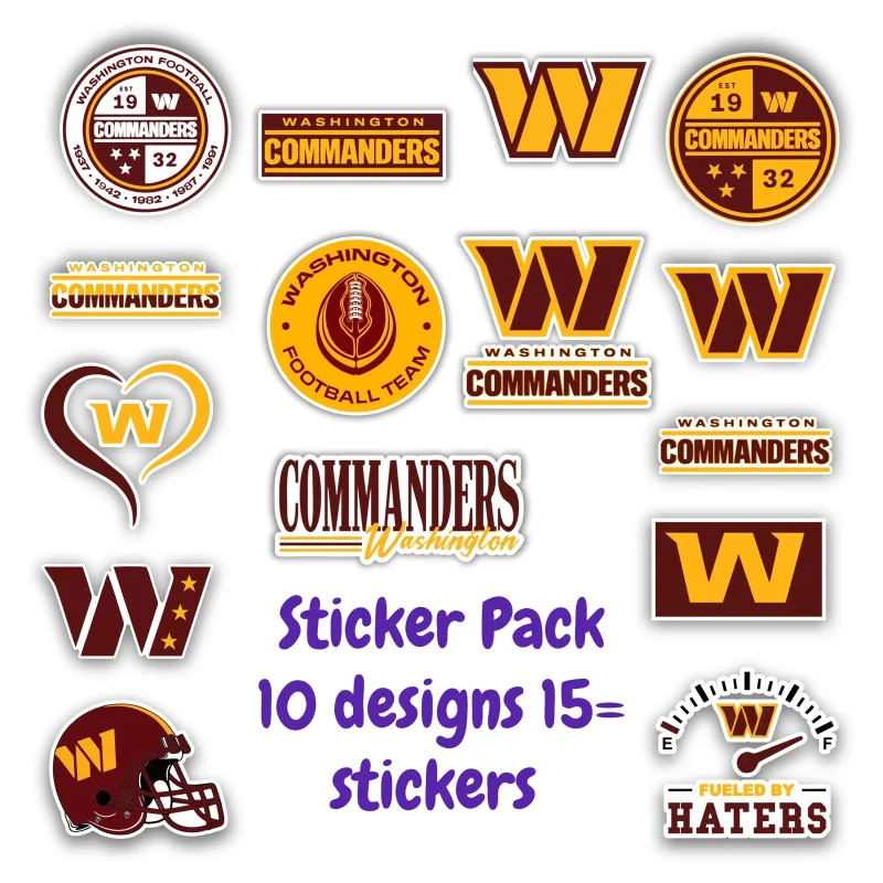 Washington Commanders Sticker Pack; Hydroflask decal ; Laptop Decal ; Yeti Decal; Cell phone Decal; Vinyl Car Decal- Custom Size - Image 1