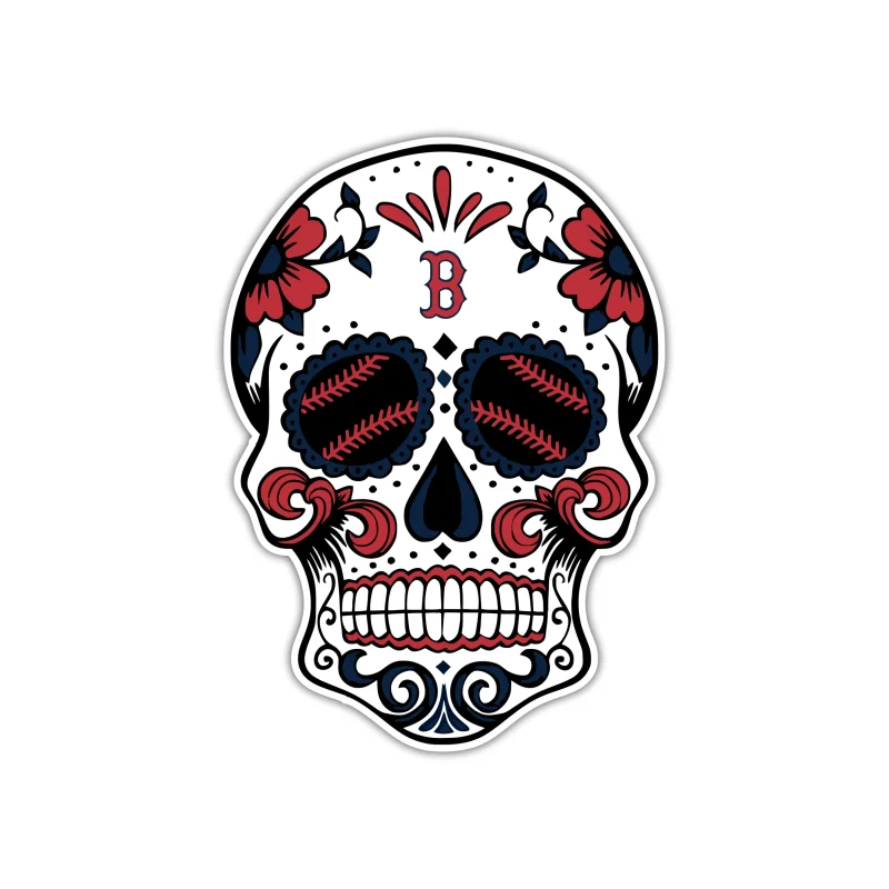 Boston Red Sox - Sugar Skull With Baseball Eyes - Full Color Vinyl Sticker - Custom Size