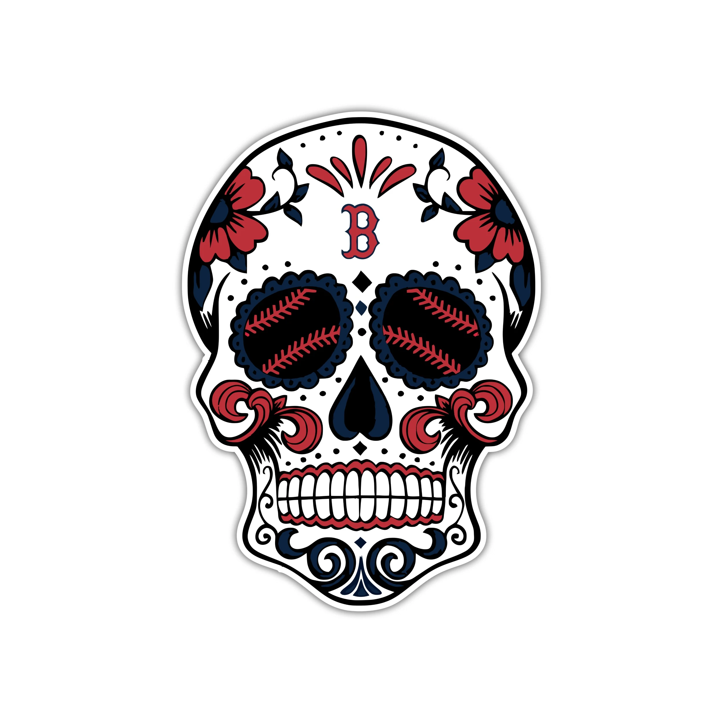 Boston Red Sox - Sugar Skull With Baseball Eyes - Full Color Vinyl Sticker - Custom Size