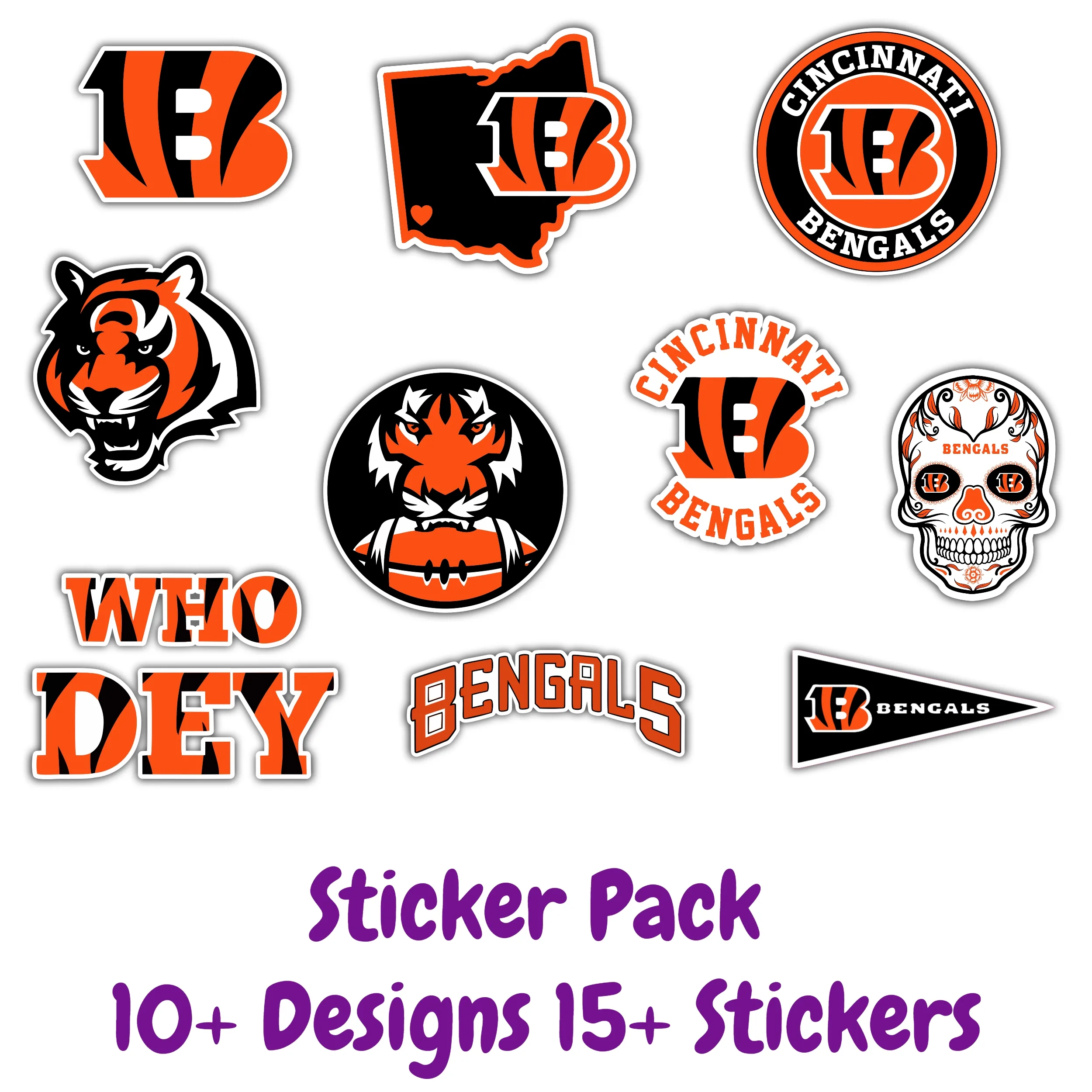 Cincinnati Bengals Sticker Pack Laptop Decal Yeti Decal Cell phone Decal Vinyl Car Decal- Custom Size