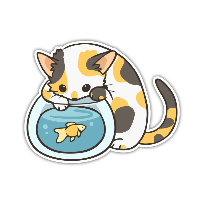 Cat Fish Bowl - Full Color Vinyl Sticker - Custom Size