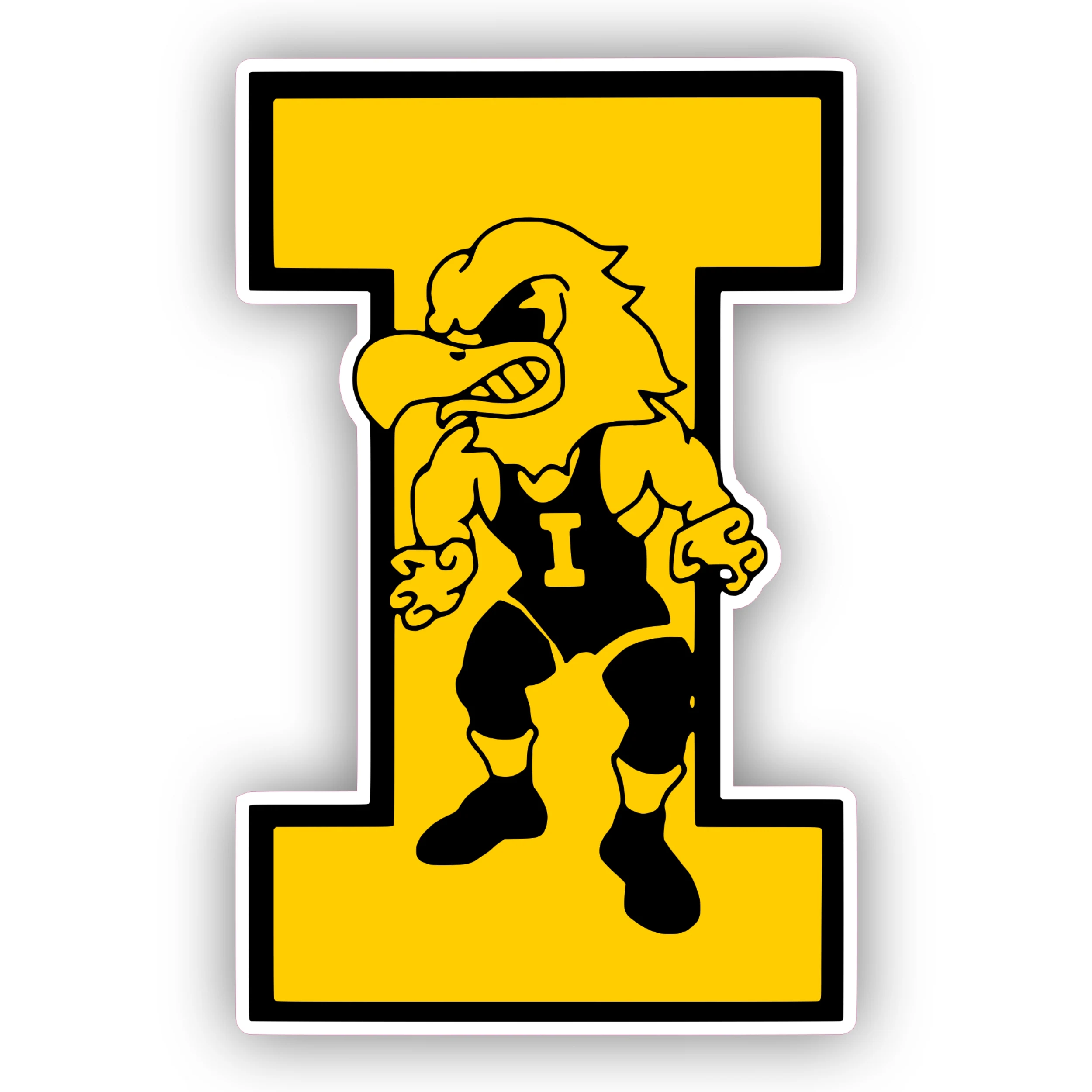 Iowa Hawkeyes - Yellow I with Hawk - Full Color Vinyl Decal - Custom Size