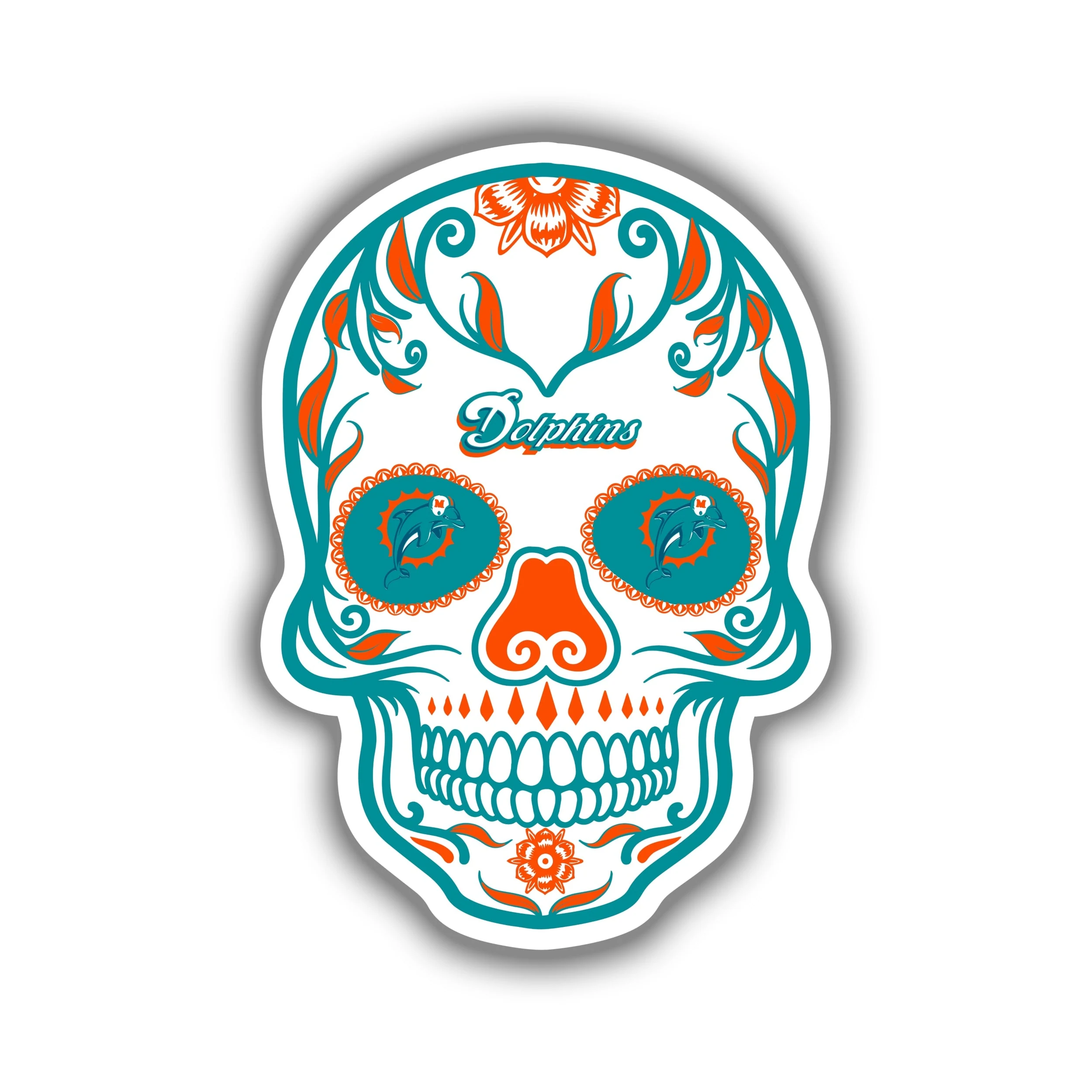 Miami Dolphins - Sugar Skull - Full Color Vinyl Sticker - Custom Size