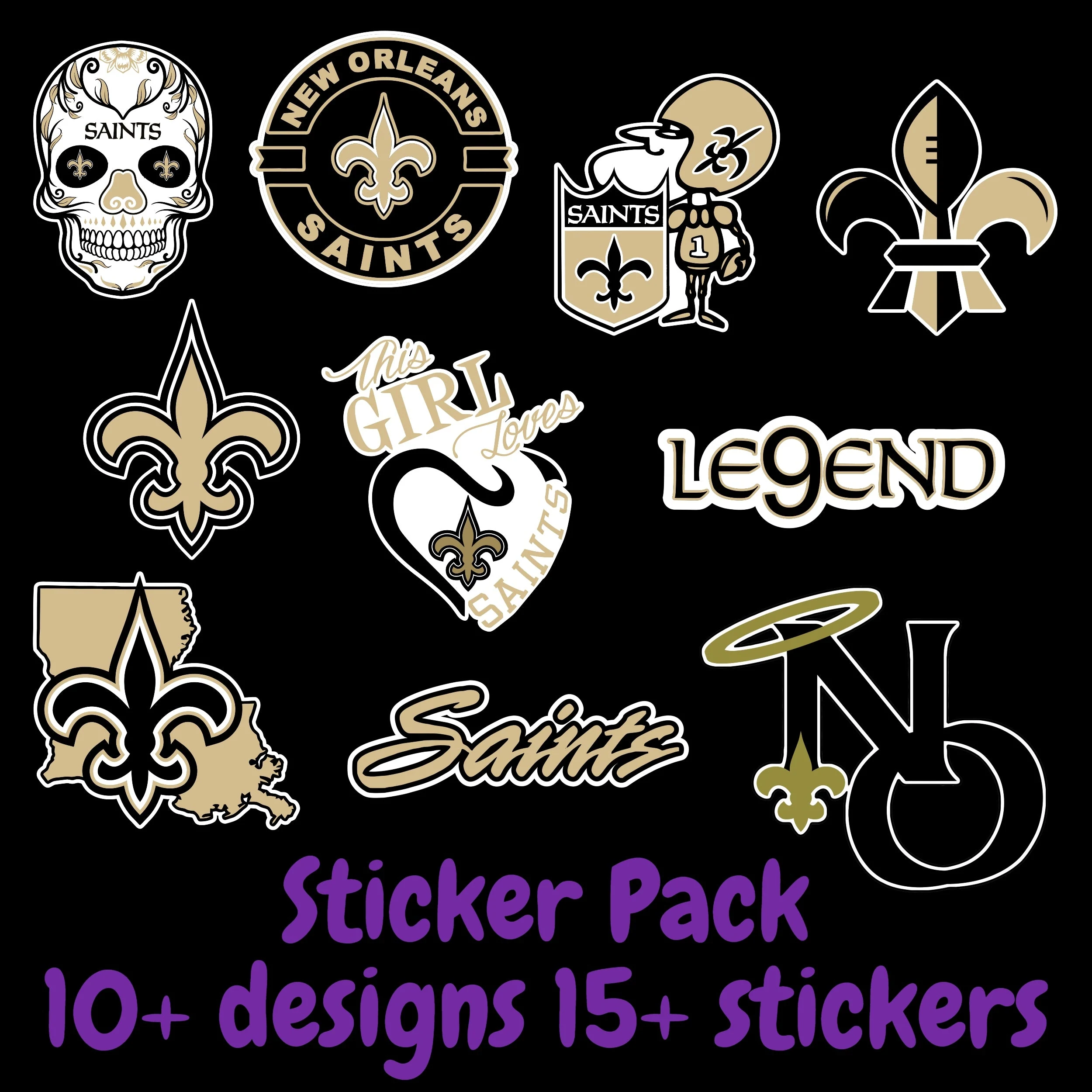 New Orleans Saints Sticker Pack; Hydroflask decal ; Laptop Decal ; Yeti Decal; Cell phone Decal; Vinyl Car Decal- Custom Size