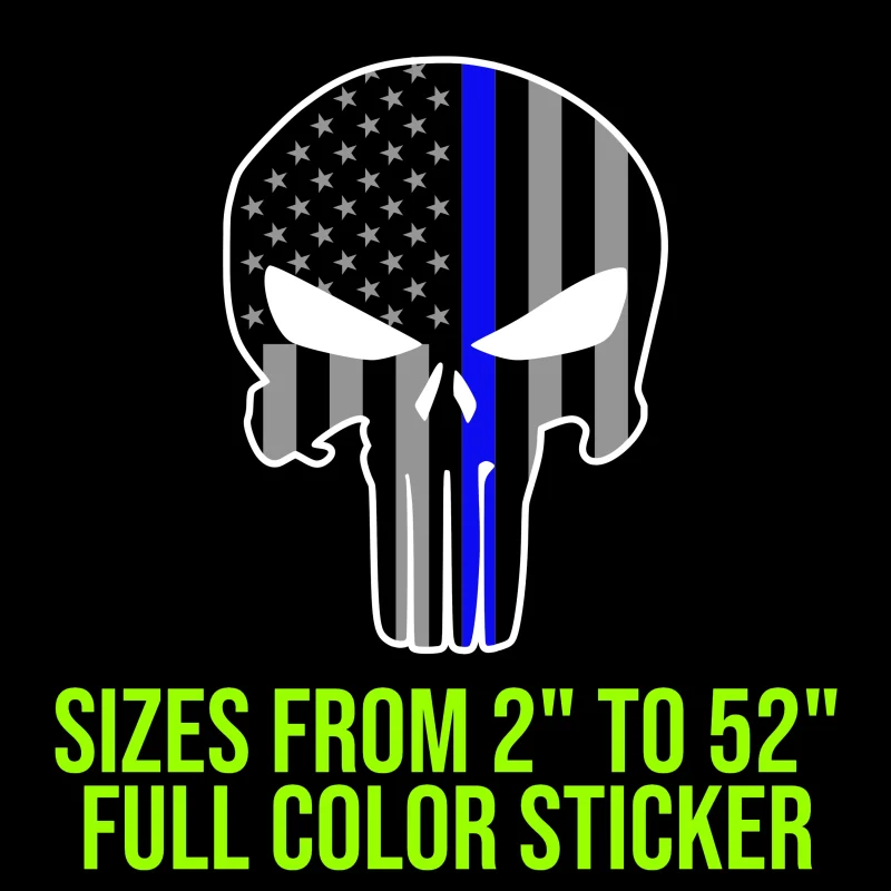 Punisher American Flag Blue Line Full Color Vinyl Decal - custom size