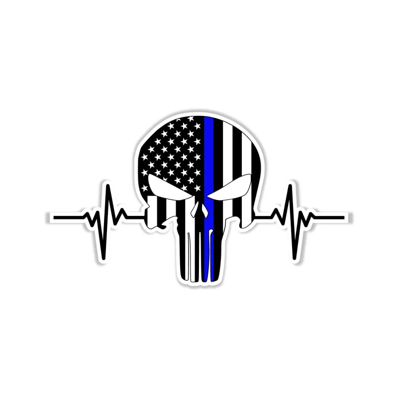 Punisher American Flag Blue Line Heartbeat - Full Color Vinyl Decal - custom size