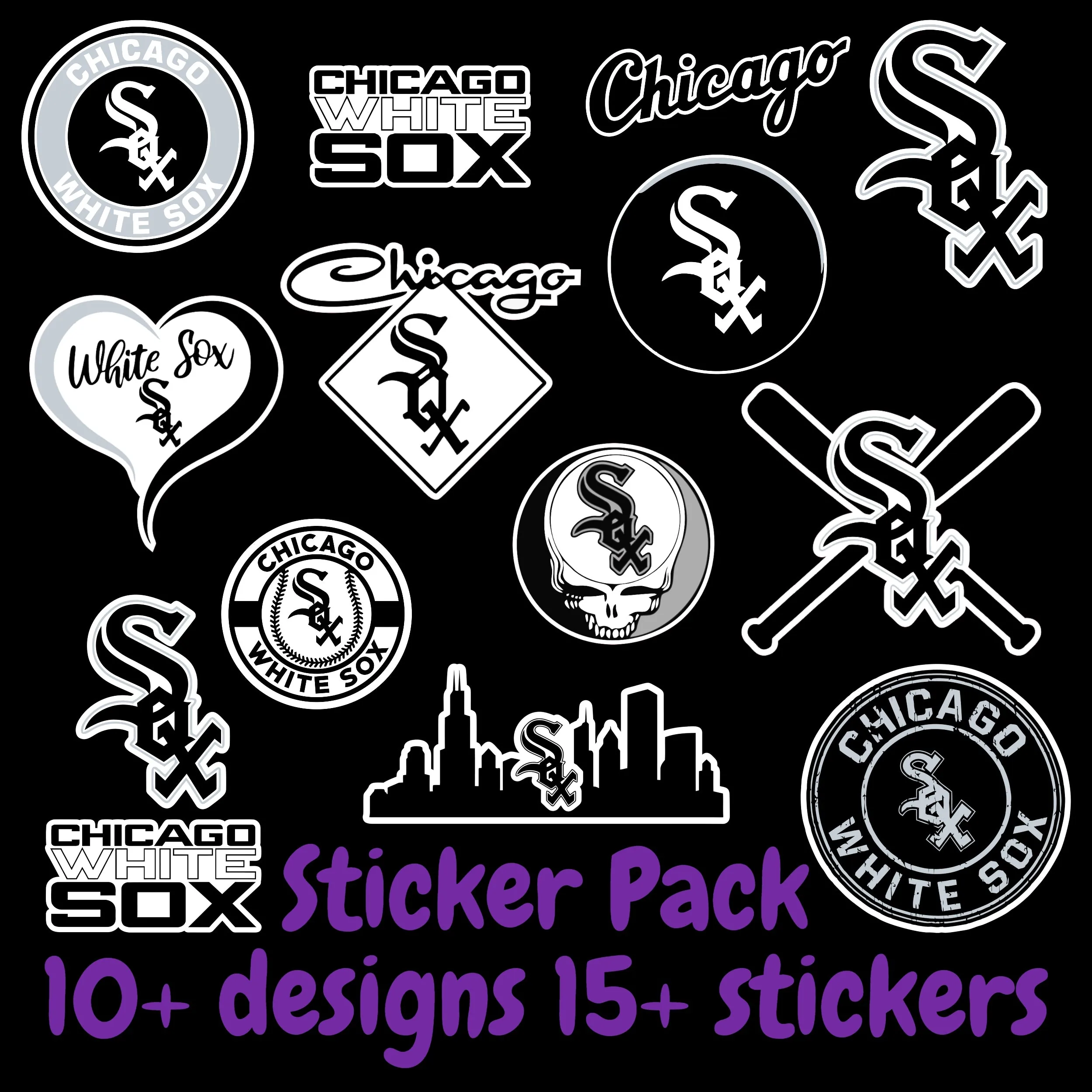Chicago White Sox Sticker Pack; Hydroflask decal ; Laptop Decal ; Yeti Decal; Cell phone Decal; Vinyl Car Decal- Custom Size