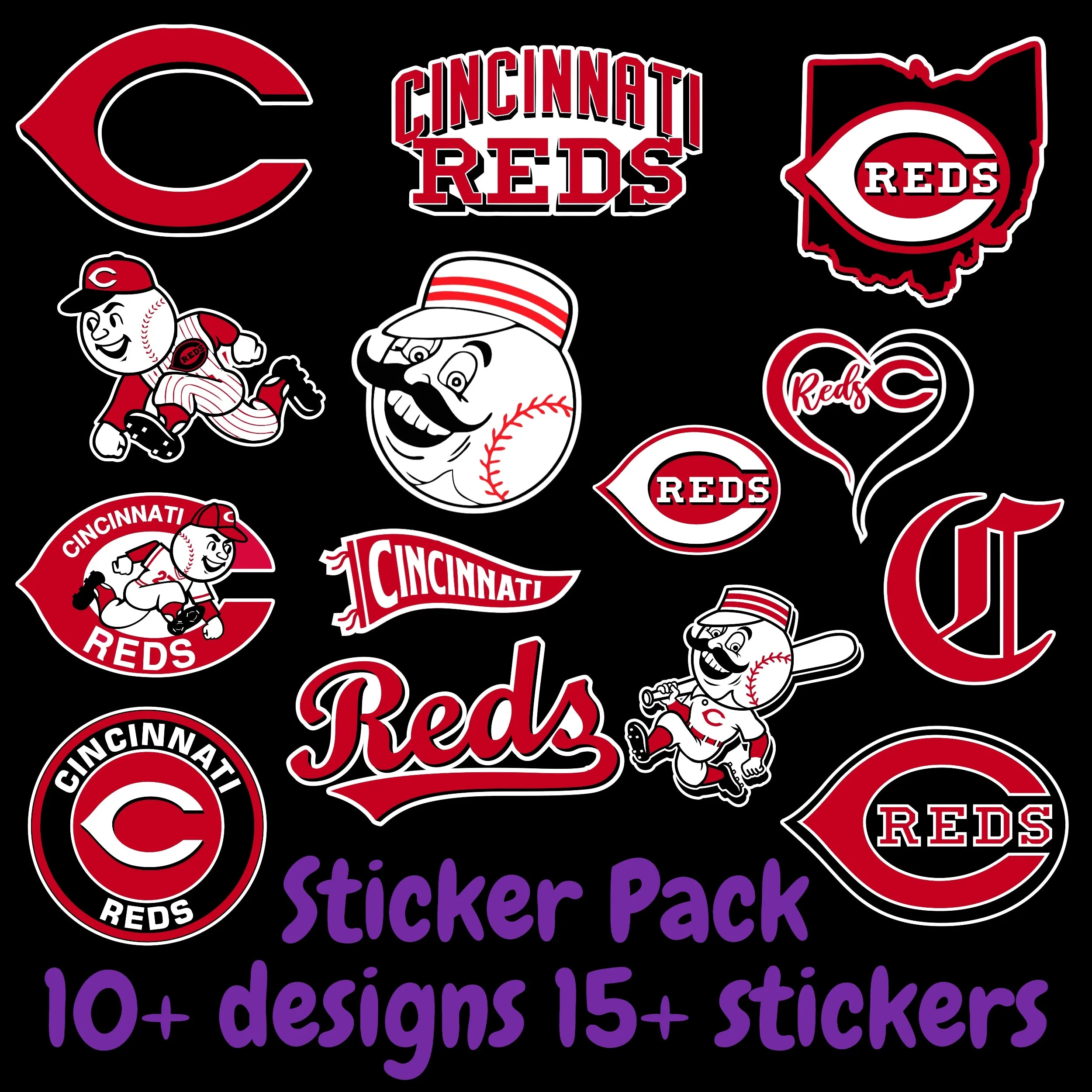 Cincinnati Reds Sticker Pack; Hydroflask decal ; Laptop Decal ; Yeti Decal; Cell phone Decal; Vinyl Car Decal- Custom Size