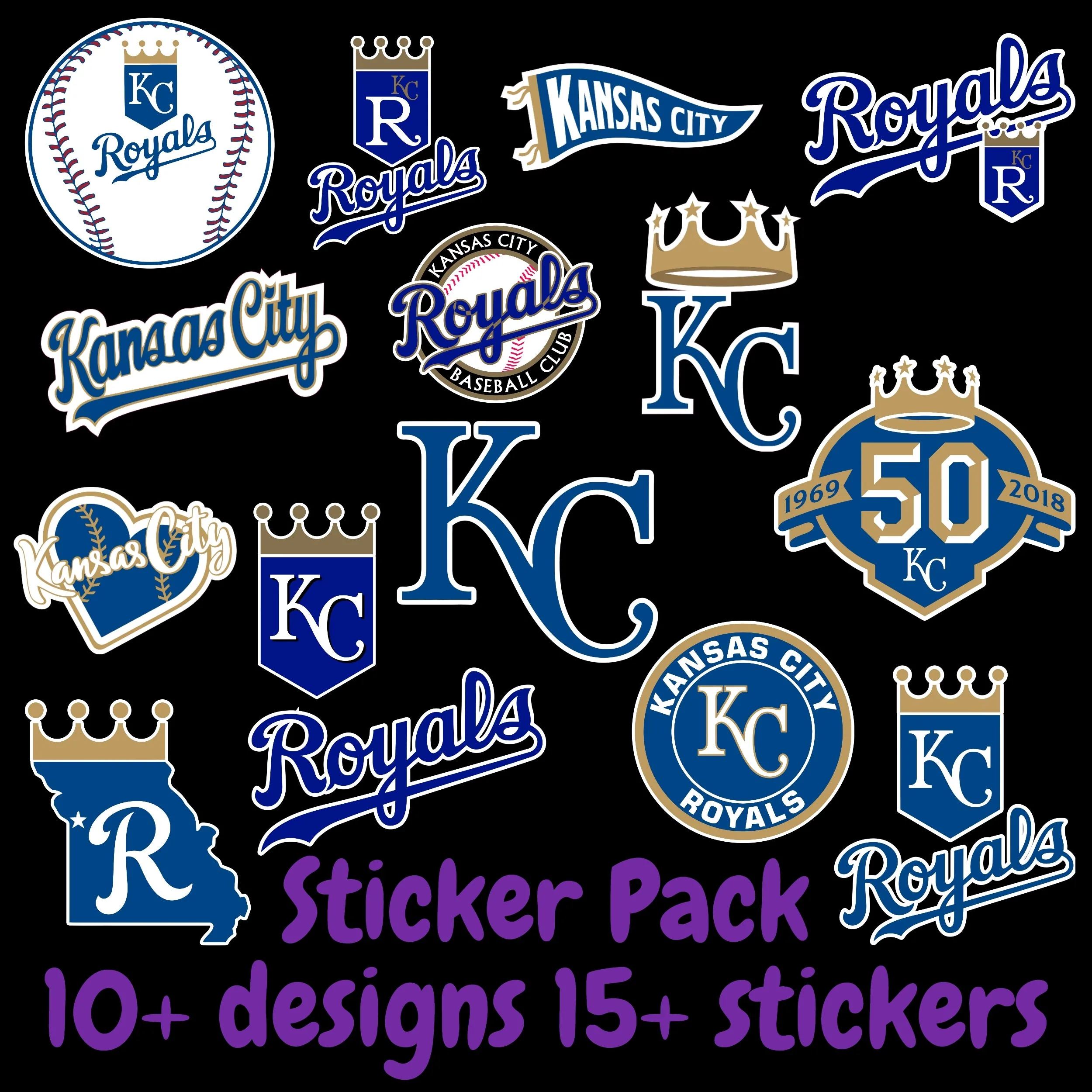 Kansas City Royals Sticker Pack; Hydroflask decal ; Laptop Decal ; Yeti Decal; Cell phone Decal; Vinyl Car Decal- Custom Size