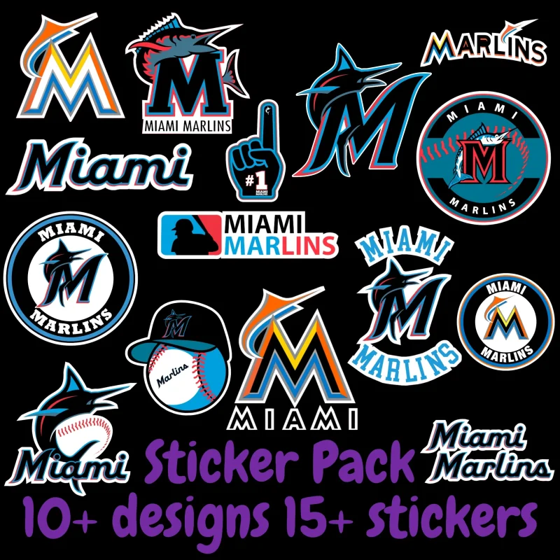 Miami Marlins Sticker Pack; Hydroflask decal ; Laptop Decal ; Yeti Decal; Cell phone Decal; Vinyl Car Decal- Custom Size
