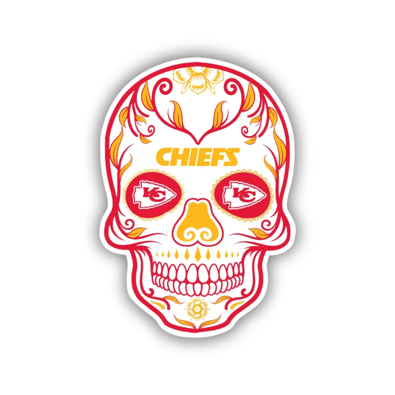 Kansas City Chiefs- Bright Sugar Skull Full Color Vinyl Sticker – Custom Size