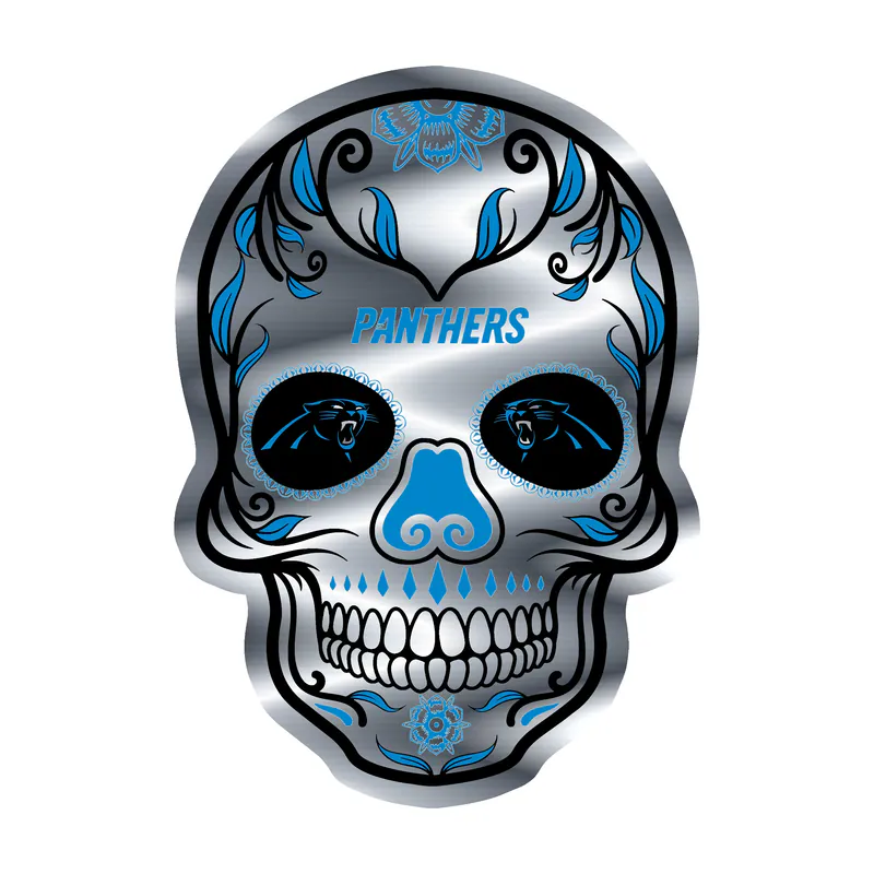 Carolina Panthers Silver Chrome Vinyl Decal - Sugar Skull - Custom Size