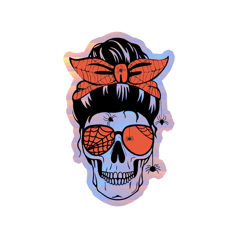 Halloween Skull Messy Bun - Holographic Vinyl Decal - Custom Size