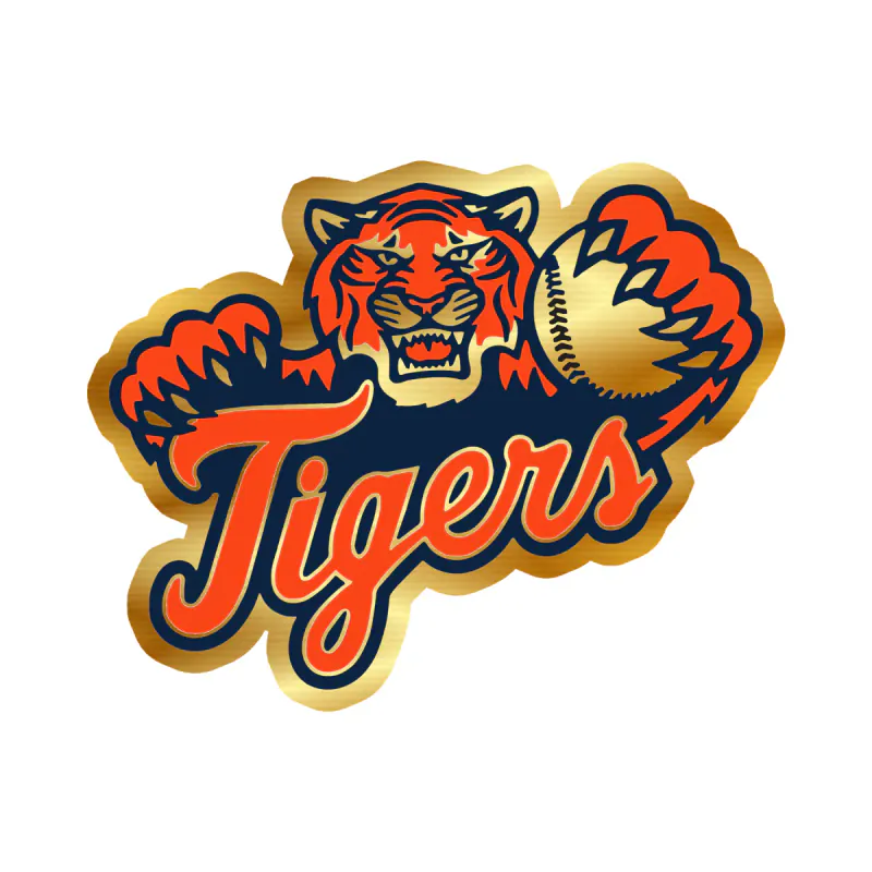 Detroit Tigers - Tiger With Baseball - Gold Chrome Vinyl Sticker - Custom Size