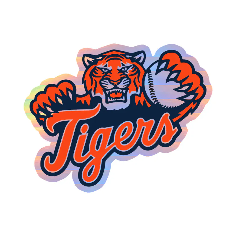 Detroit Tigers - Tiger With Baseball - Holographic Vinyl Sticker - Custom Size