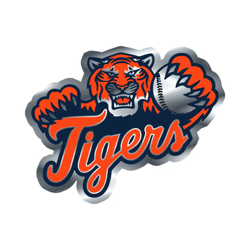 Detroit Tigers - Tiger With Baseball - Silver Chrome Vinyl Sticker - Custom Size