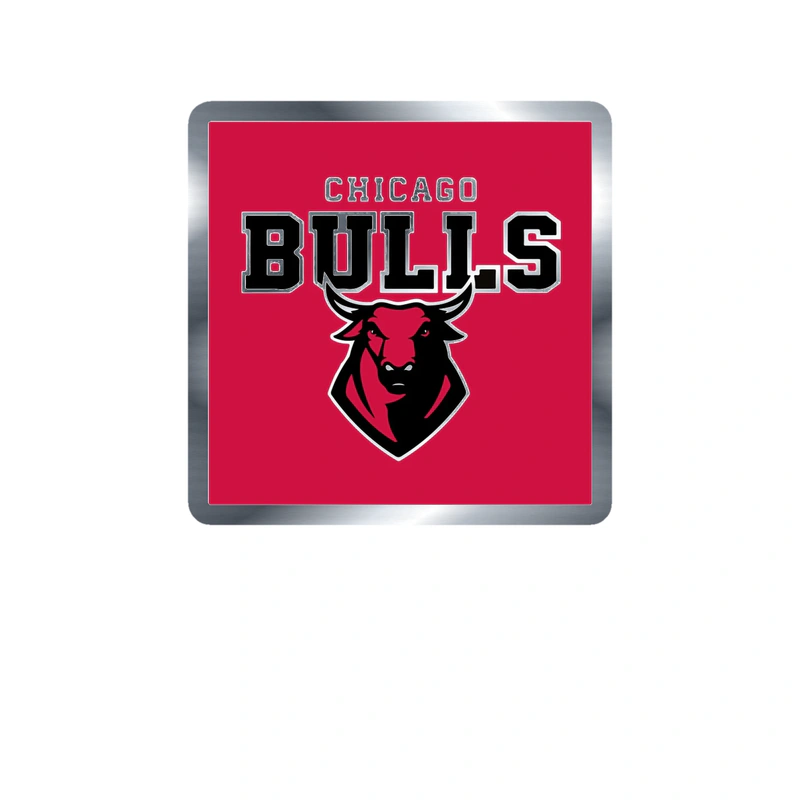 Chicago Bulls - Red Square With Bull And Name - Silver Chrome Vinyl Sticker - Custom Size