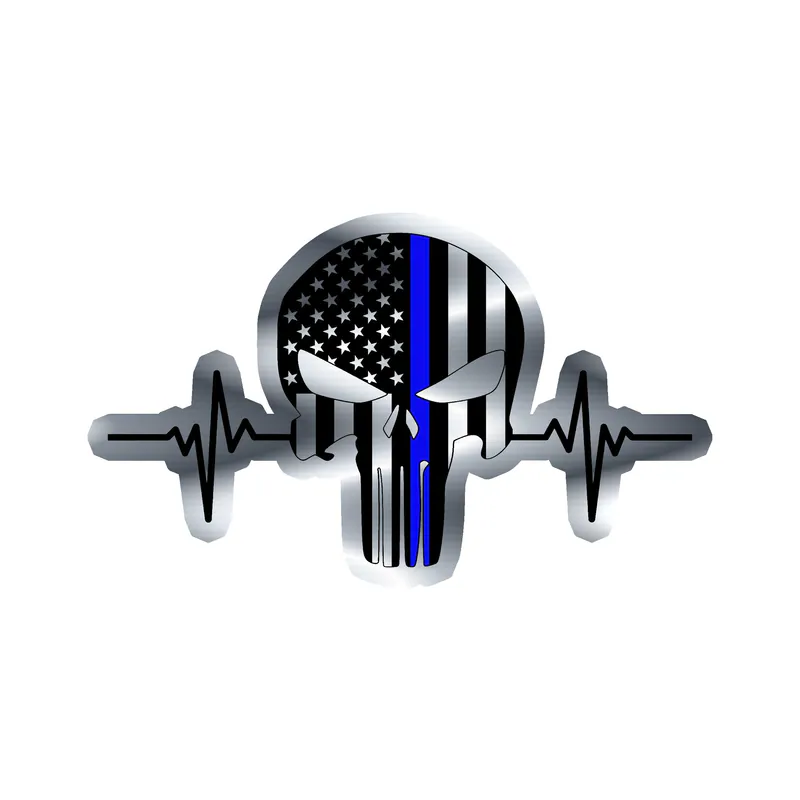 Punisher American Flag Blue Line Heartbeat - Silver Chrome Vinyl Decal - custom size
