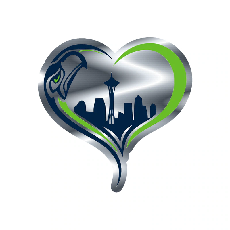 Seattle Seahawks Heart Silver Chrome Vinyl Sticker - Custom Size