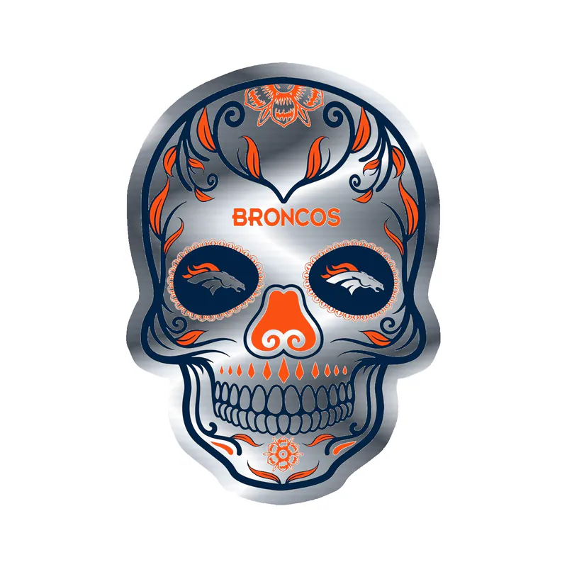 Denver Broncos - Sugar Skull - Silver Chrome Vinyl Sticker - Custom Size