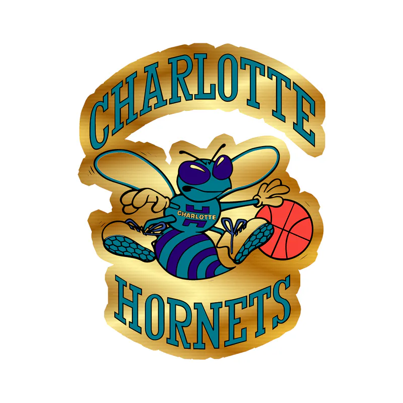 Charlotte hornets - Hornet With Basketball and Name - Gold Chrome Vinyl Sticker - Custom Size