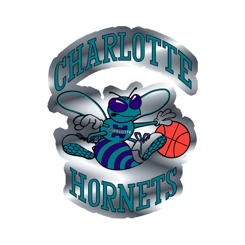 Charlotte hornets - Hornet With Basketball and Name - Silver Chrome Vinyl Sticker - Custom Size