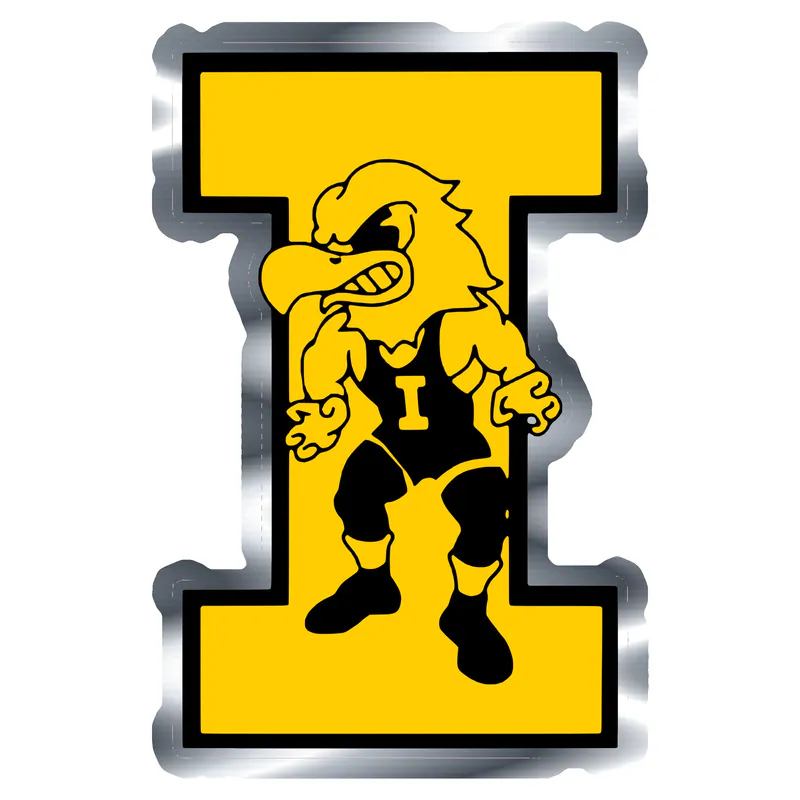 Iowa  Hawkeyes - Yellow I with Hawk - Silver Chrome Vinyl Decal - Custom Size