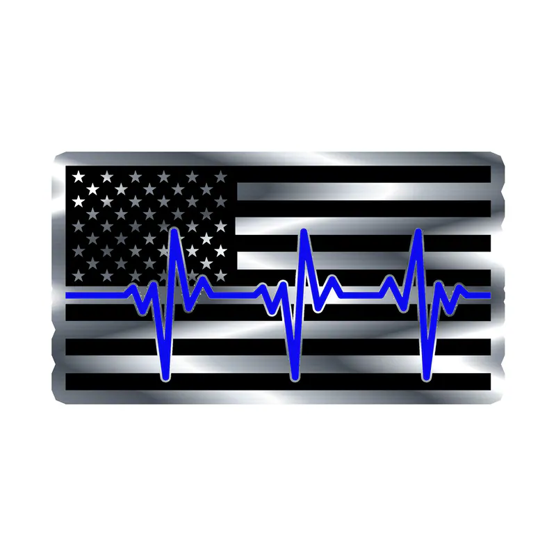Blue Line Heartbeat American Flag - Silver Chrome Vinyl Decal - custom size