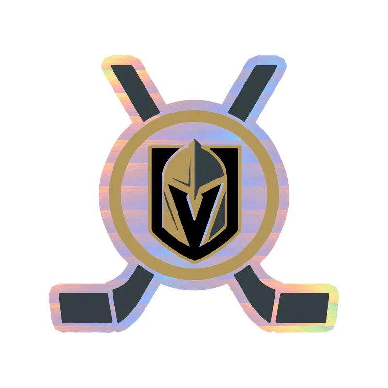 Vegas Golden Knights - Hockey Puck With Hockey Sticks Crossed - Holographic Vinyl Sticker - Custom Size