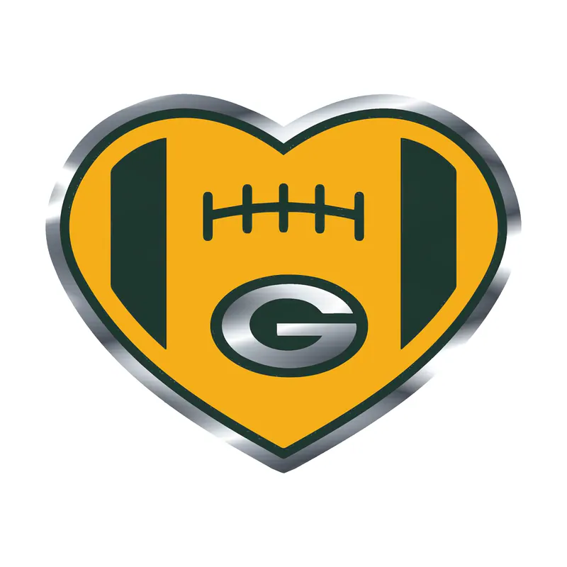 Green Bay Packers - Yellow Heart Football - Silver Chrome Vinyl Sticker - Custom Size