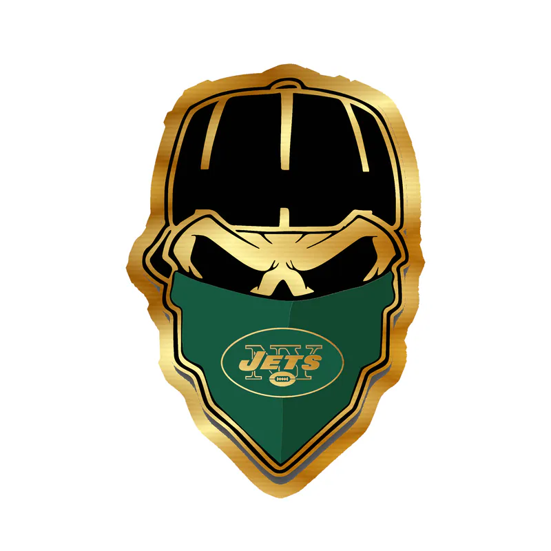 New York Jets - Skull With Bandana - Gold Chrome Vinyl Sticker - Custom Size