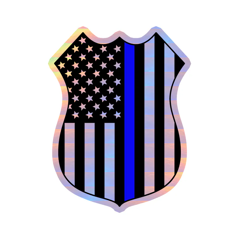 Blue Line American Flag Shield Holographic Vinyl Decal - custom size