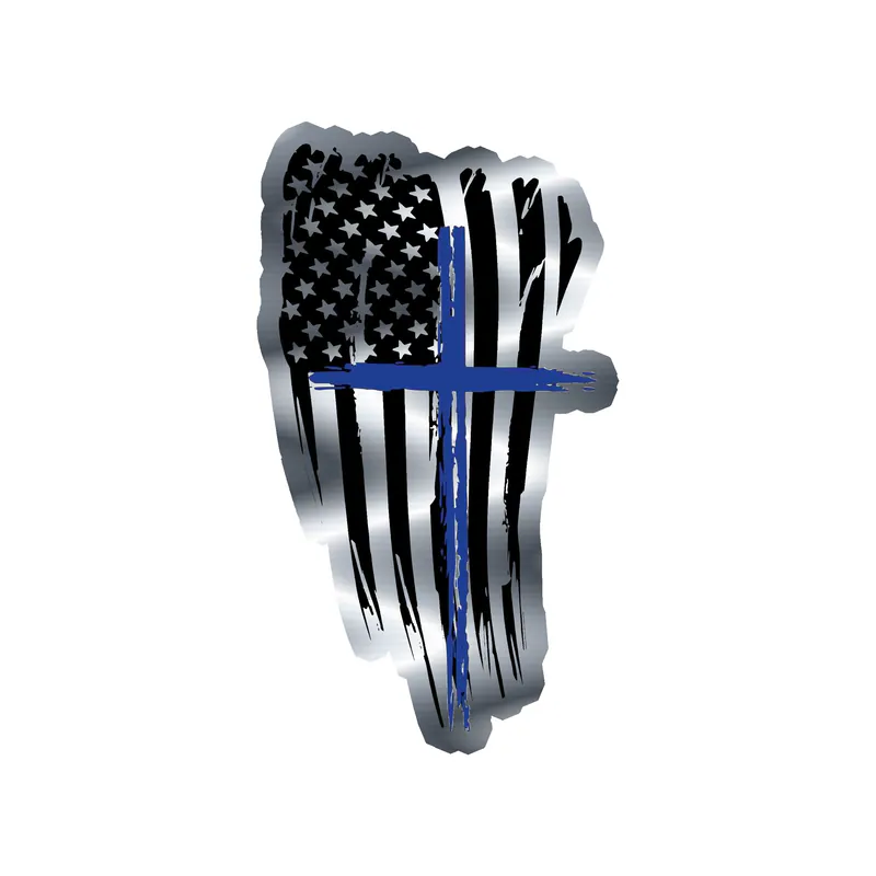Blue Cross American Flag Silver Chrome Vinyl Decal - custom size