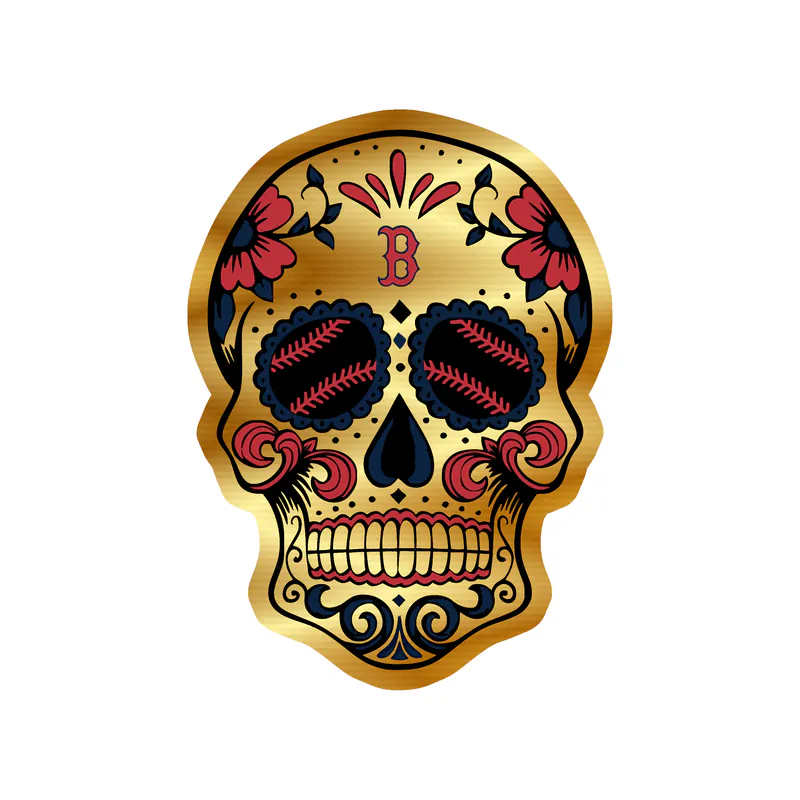 Boston Red Sox - Sugar Skull With Baseball Eyes - Gold Chrome Vinyl Sticker - Custom Size