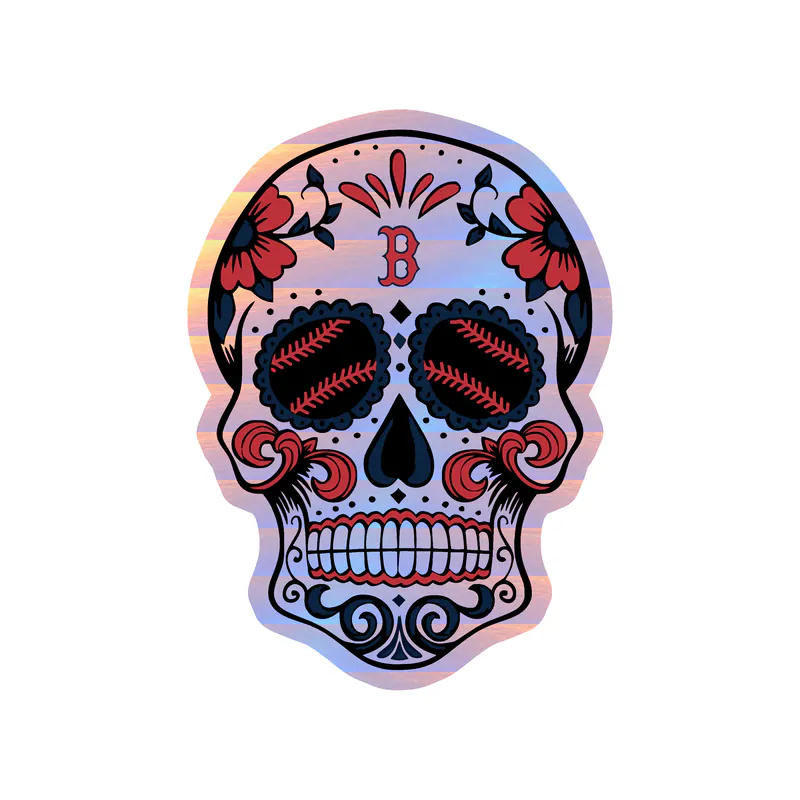 Boston Red Sox - Sugar Skull With Baseball Eyes - Holographic Vinyl Sticker - Custom Size